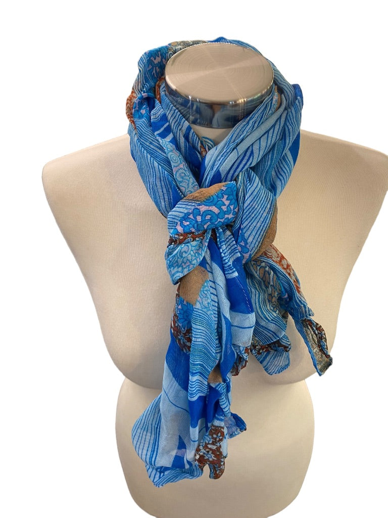 Lightweight Blue Pattern Summer Scarf 31" x 80" Womens Wrap Shawl