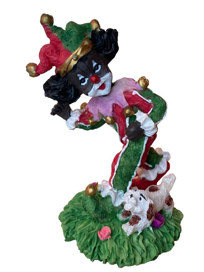 Resin Clown Figurine Green Red Brown Skin Jester Running Dog Grass 4.5"