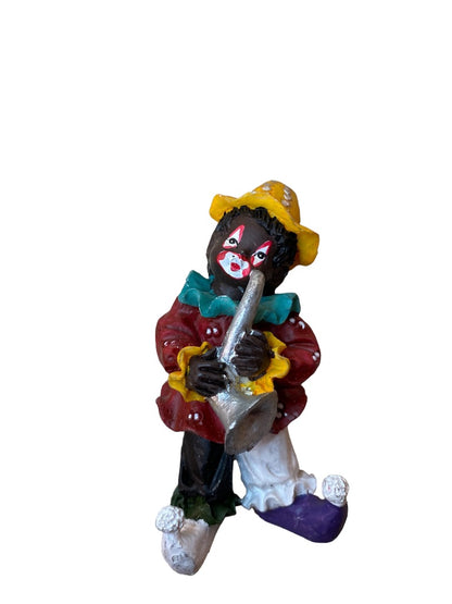 Resin Clown Figurine Brown Skin Playing Horn Musician 3.5"