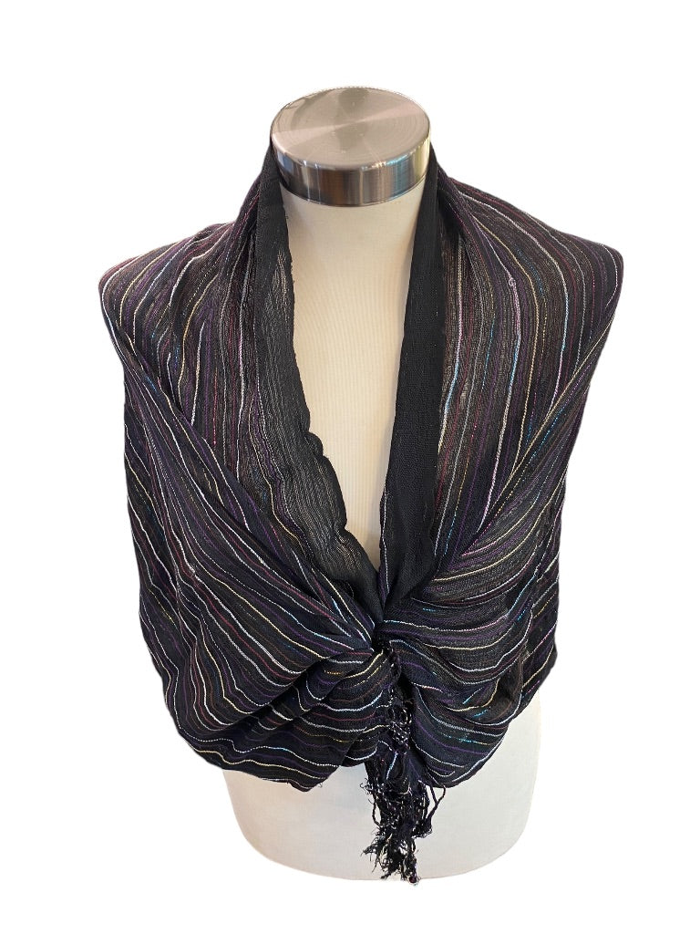 Black Lightweight Metallic Summer Scarf Fringed 58" x 24"