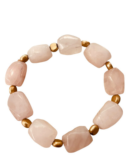 Beaded Stone and Goldtone Spacer Stretch Bracelet Blush Pink 2.5" Inside Diameter