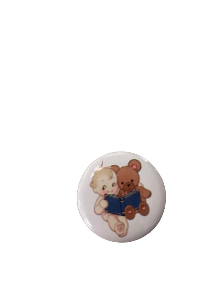 Set of 3 Vintage Pinback Buttons Small 1" Diameter Baby Reading Teddy Bear