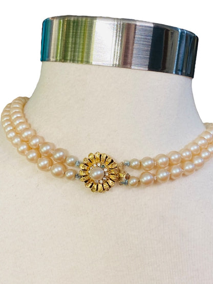 Double Strand Hand Knotted Vintage 7.7 mm Faux Pearl Dual Strand Necklace Daisy Clasp 16"