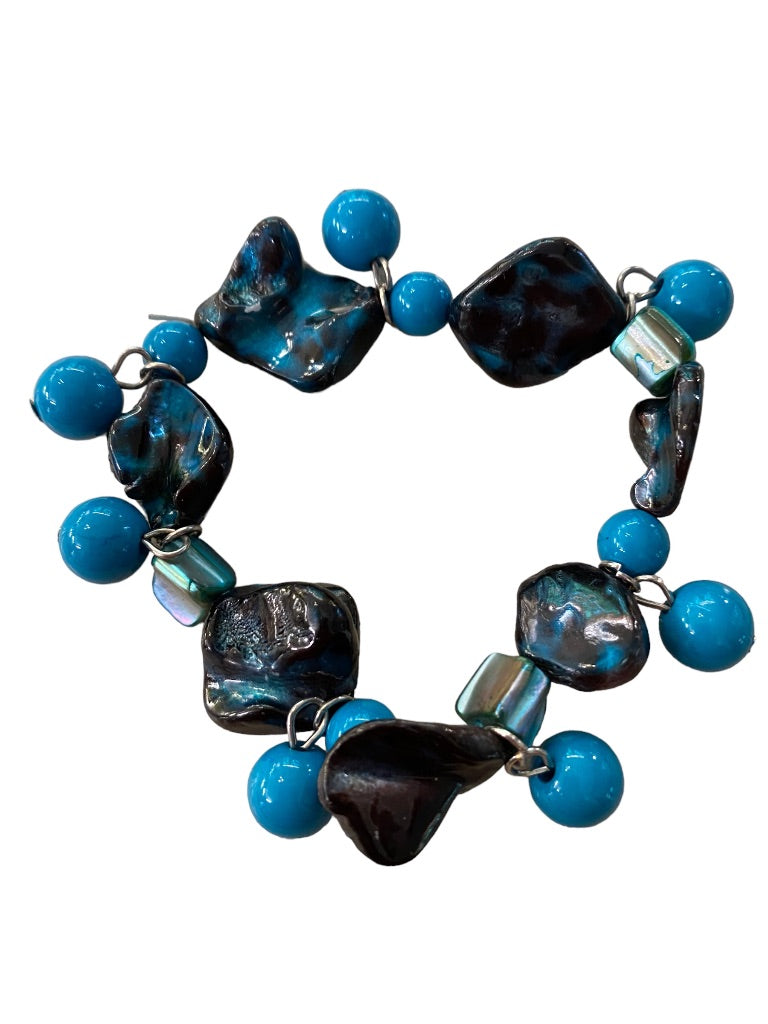 Beaded Stretch Bracelet Acrylic Funky Artsy Dangling Beads Teal Black