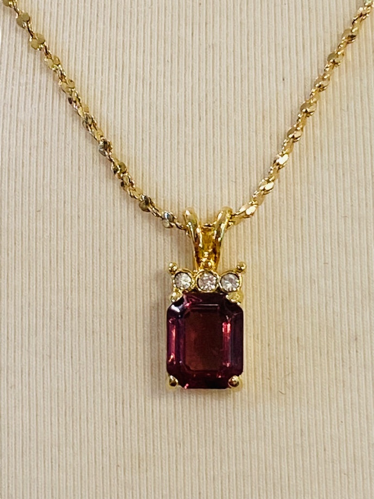 Goldtone Purple Glass Pendant 18" Necklace Clip Closure .75" Drop