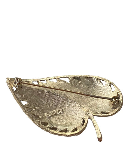 Signed BSK Goldtone Brooch Brushed Leaf Textured 2.1" Pin