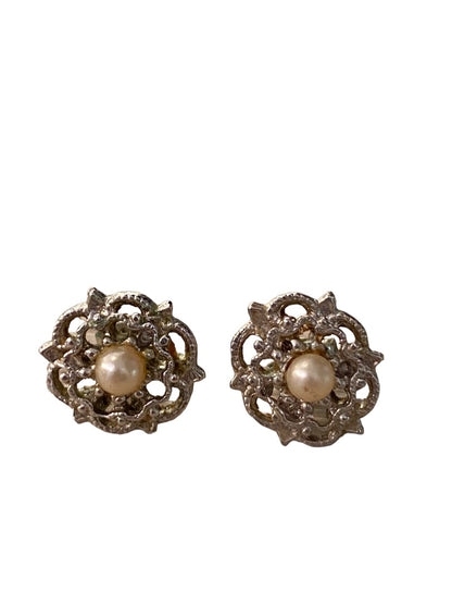 Vintage Silvertone Intricate Post Stud Earrings Faux Pearl Center Flower