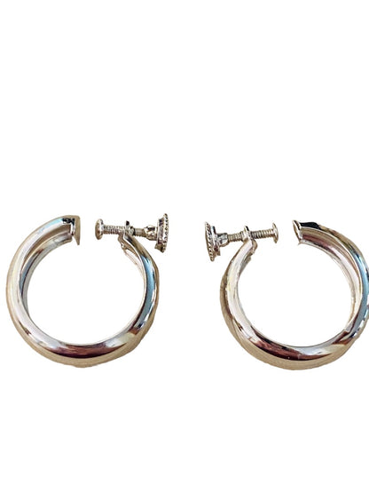 Sivertone Signed Monet Non-Pierced Screwback Earrings Hoops 1" Diameter