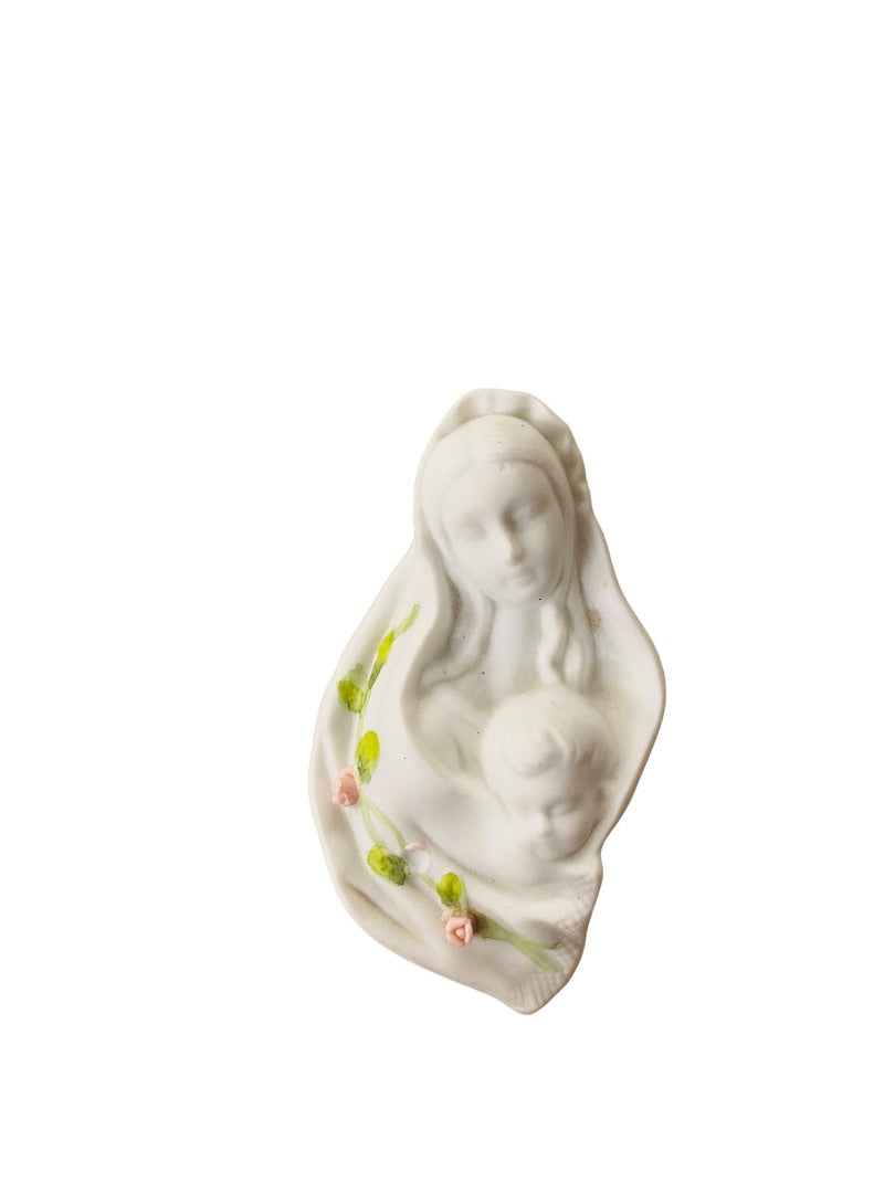 Madonna And Child By Autom White Bisque Porcelain Flowers Figurine Wall Hanging