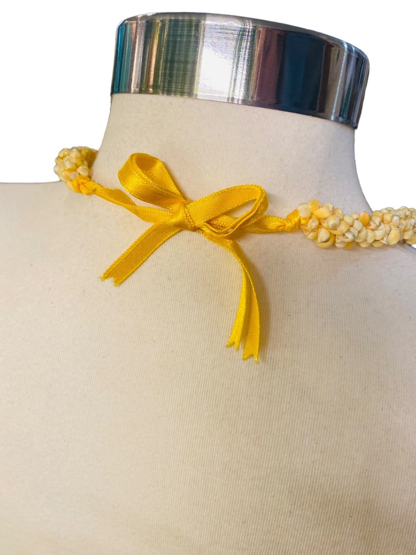 Yellow Cluster Shell Necklace Ribbon Tie Vintage 25" Twist Strand