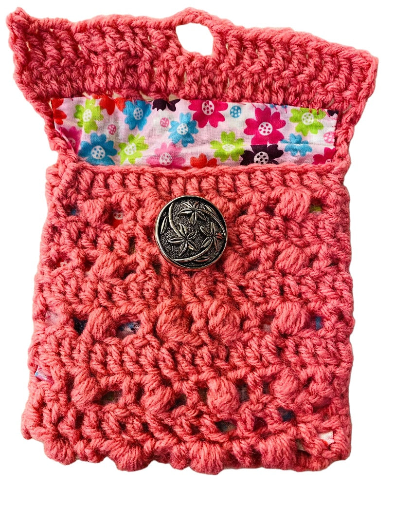 Handmade Crochet Pouch Pink Lined Floral Accessory Silvertone Button Closure 5.5"h x 5"w