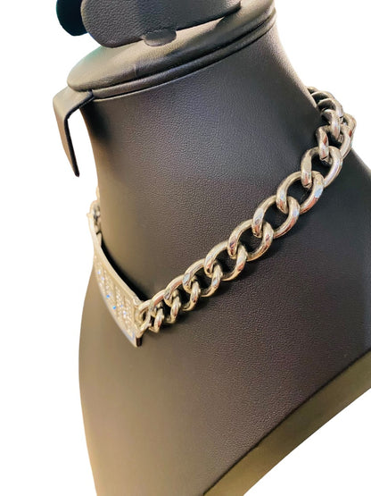 "QUEEN" Silvertone Embellished Chunky ID Style Choker Necklacce 16"