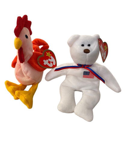 Ty Teenie Beanie Babies Strut the Rooster and Libearty the Bear 5" Plush Tgs