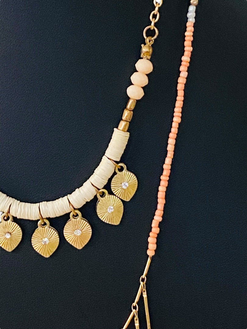 Dual Strand Layered Necklace Pink Seed Beads Goldtone 18-20"