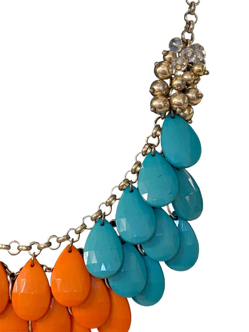 Statement Necklace Teal Coral Goldtone Funky Lays Flat Faceted Acrylic Beads