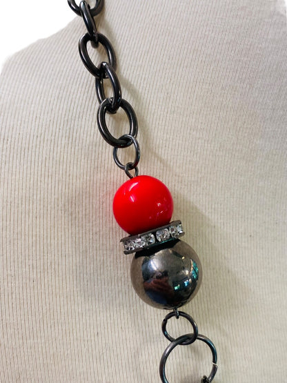 Pewter Color Layered Look Necklace Red Bead Lobster Clasp 27" Long