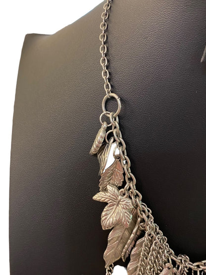 Silvertone Layered Boho Necklace Leaf and Chain Statement 16-18"