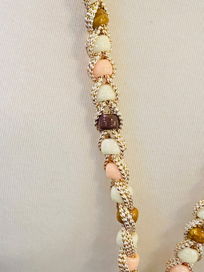 Braided Plastic Bead Necklace 32" Overhead Goldtone Pink Brown Lightweight 5" Tassel