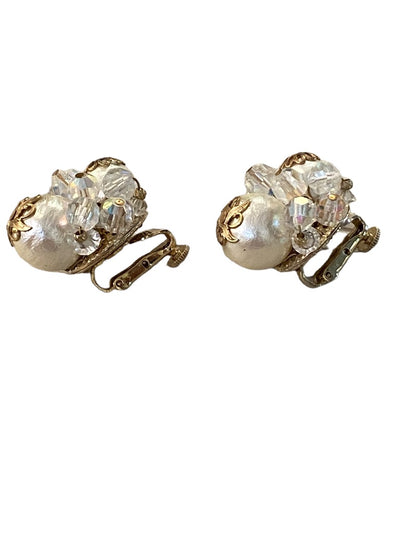 Signed Vendome Non-Pierced Clip On Earrings Vintage Aurora Borealis Faux Pearl 3/4" Diameter