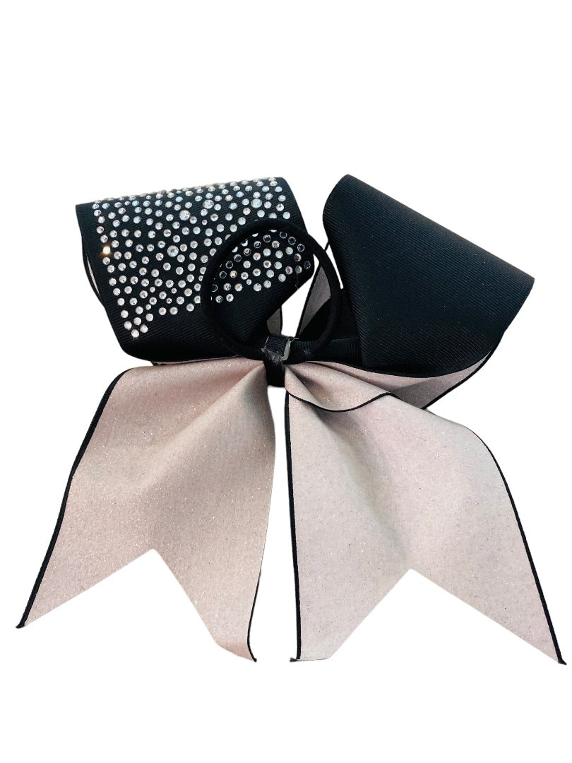 Girls Oversize Hair Bow 6.5" Elastic Ponytail Holder "iFly" Black Silver Bejeweled