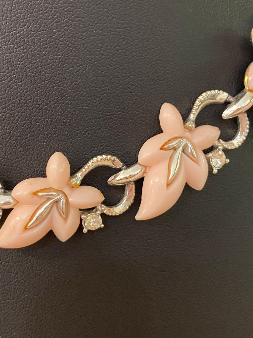 Vintage 13-15" Necklace Hook Closure Pink Plastic Leaf Silvertone