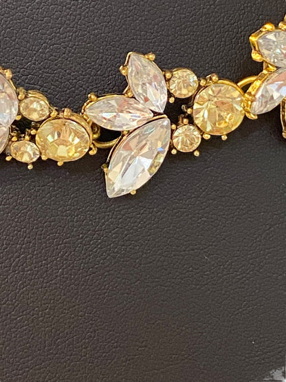 Goldtone Statement Necklace Vine Design Green Clear Faceted Jewels 16-18" Lays Flat