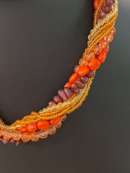 Vintage Twist Multistrand Acrylic Beaded Necklace 18-21" Orange Brown Lobster Clasp