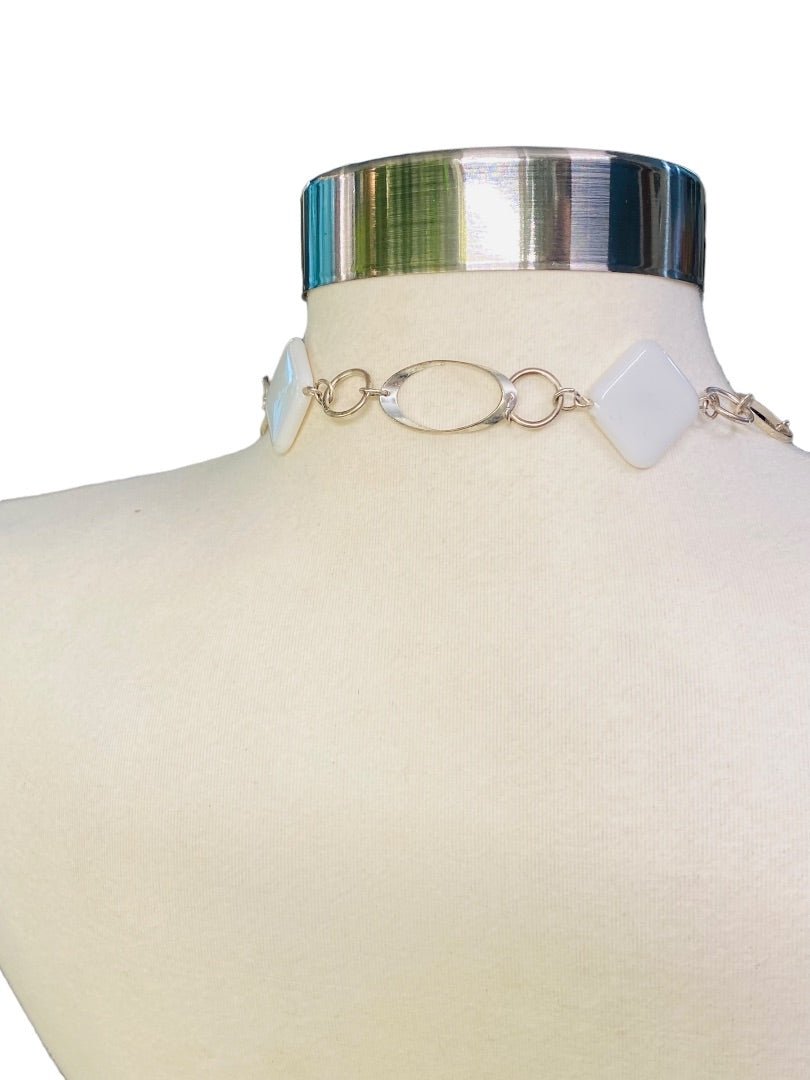 Silvertone and White Acrylic Square Necklace Overhead 34" Lightweight
