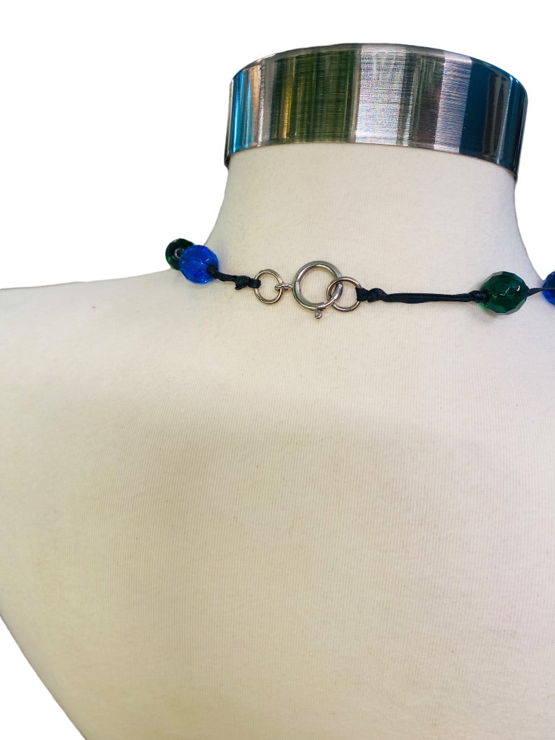 Blue Green Black Knotted Ribbon Necklace Faceted Beads 48" Oversize Spring Clasp