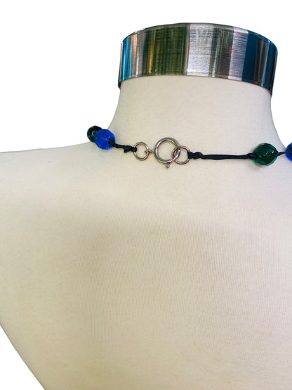 Blue Green Black Knotted Ribbon Necklace Faceted Beads 48" Oversize Spring Clasp