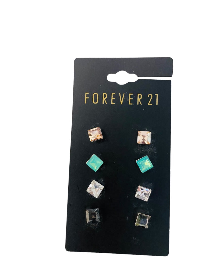 Forever 21 Set of 4 Pair Earrings Stud Pierced Faceted Pink Green Clear Gray