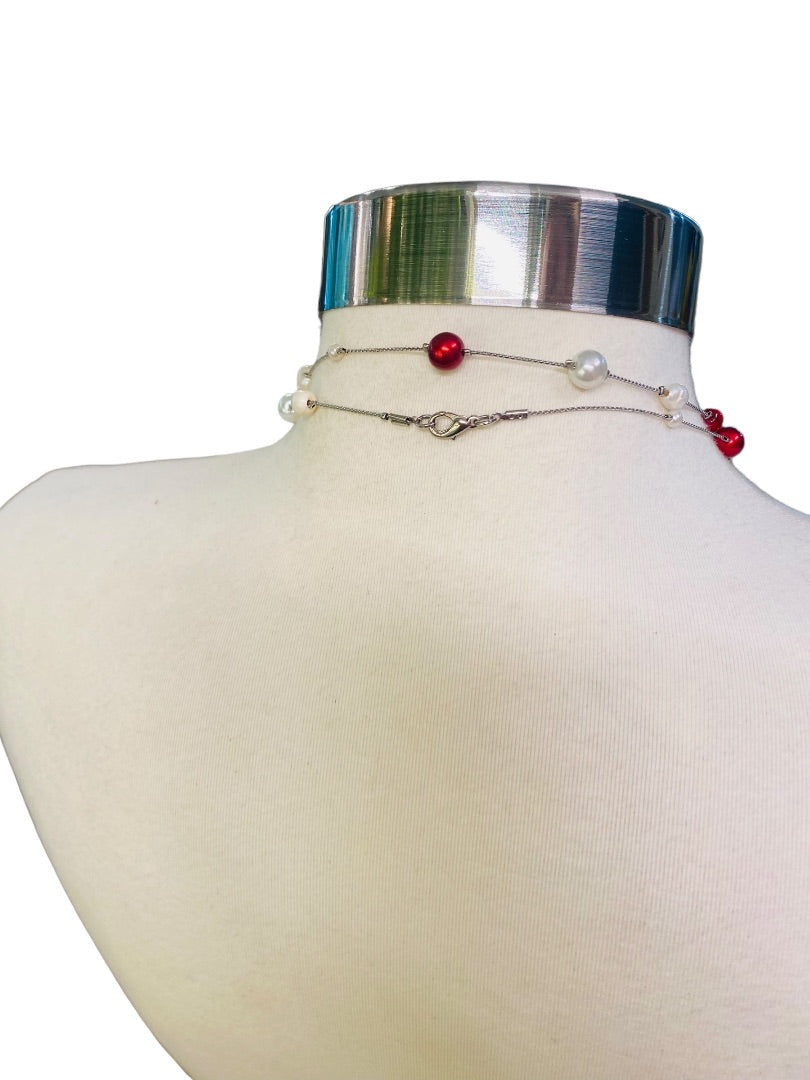 Silvertone Red Chain Necklace Strand String 67" Lobster Clasp Faux Assorted Pearls