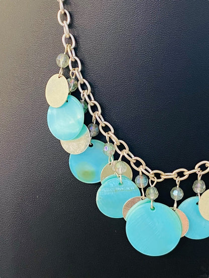 Silvertone and Aqua Charm Layered Circle Necklace 16-19" Lobster Clasp