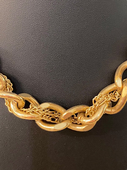 Goldtone and Black Cord Chunky Dual Strand Chain Necklace 17-19" Lobster Clasp