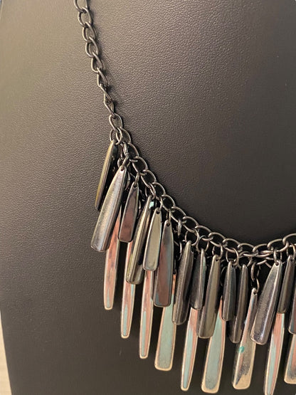 New York & Co Pewter Color and Silvertone Fringe Necklace 18-21" Lobster Clasp 1.5" Drop