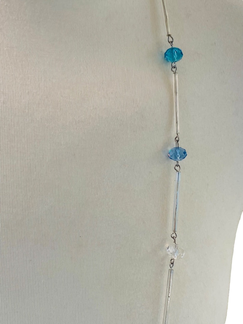 Silvertone Blue Aqua Beaded Overhead 36" Strand String Necklace