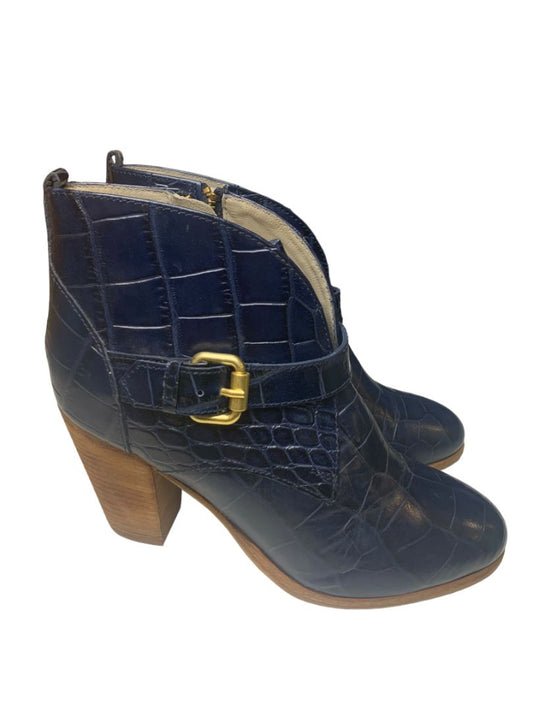 Size 38 Boden Women's Blue Leather 3.5" Heeled Bootie Croc Embossed A0745