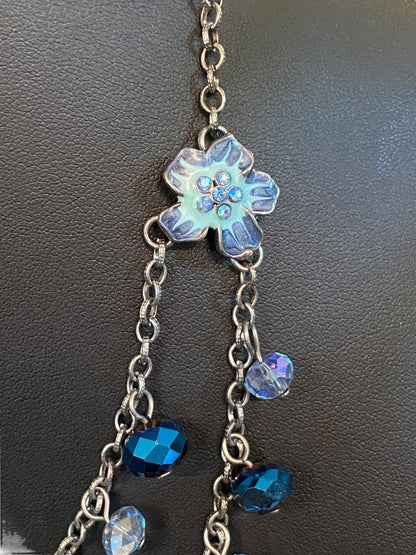 Dark Silvertone Blue Beaded Layered Necklace Floral 19" Lobster Clasp