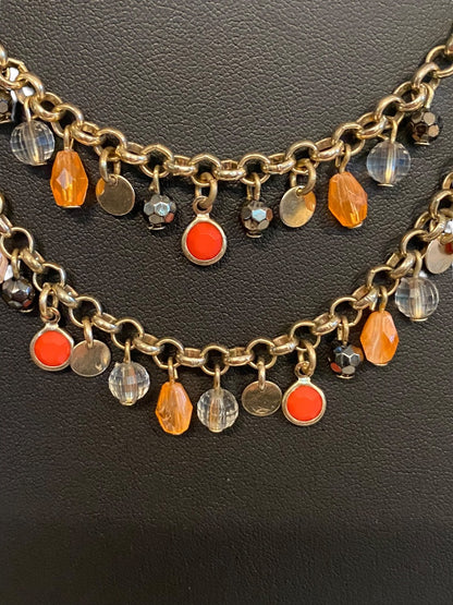 Brushed Goldtone Beaded Double Strand Necklace 17.5"Beaded 3" Drop