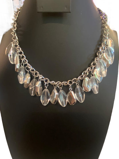 Silvertone 17" Statement Necklace Clear Charm Beads Lobster Clasp