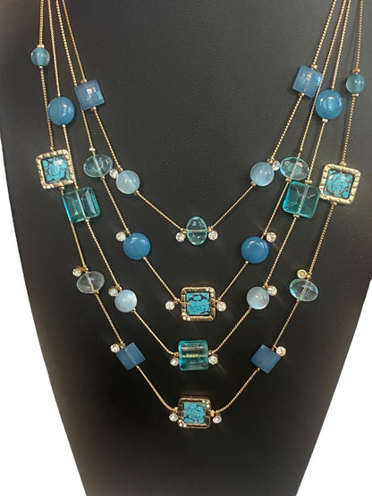 Charming Charlie 4 Strand Goldtone Blue Aqua Beads Layered 18-21"