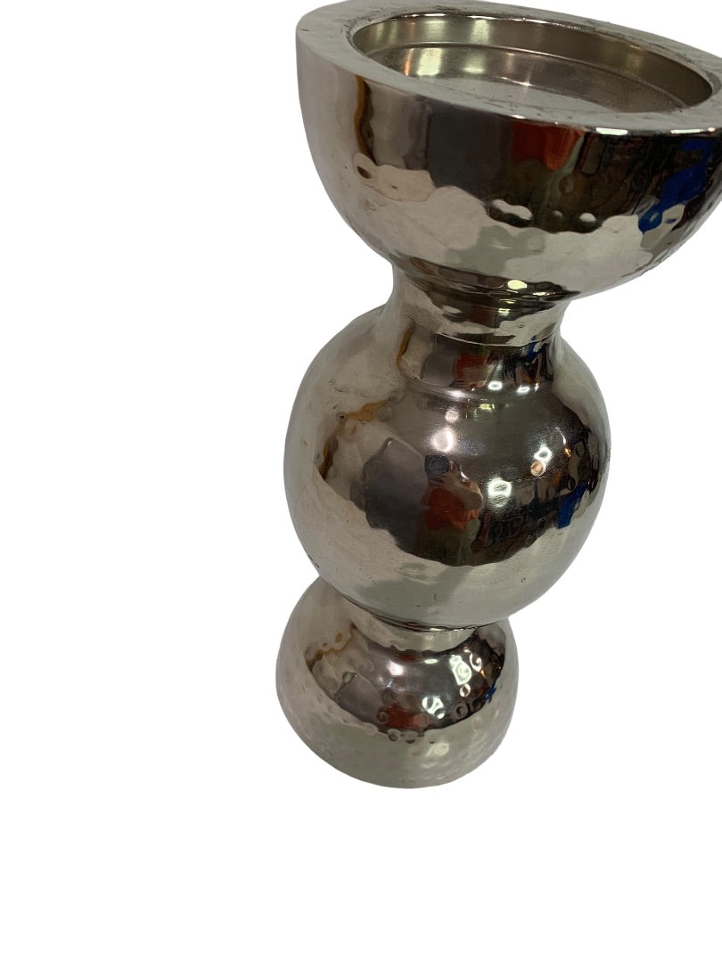 Textured Silvertone Hollow Metal Pillar Candle Stand 14"H