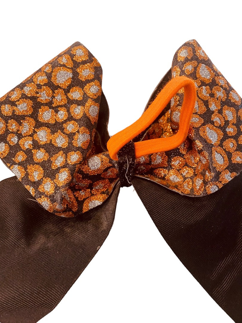 Girls Oversize Hair Bow 7.5" Elastic Ponytail Black Orange Silver Animal Print Glittery