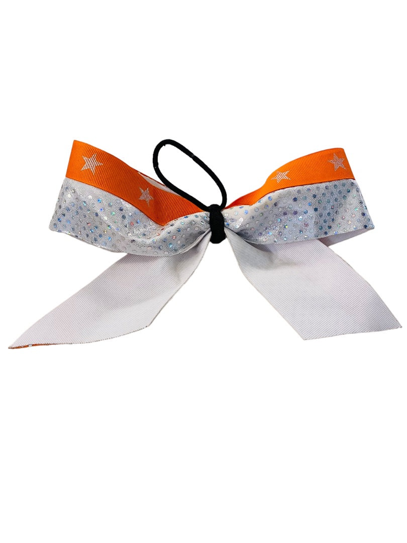 Girls Oversize Hair Bow 8" Elastic Ponytail Silver Orange Star Print