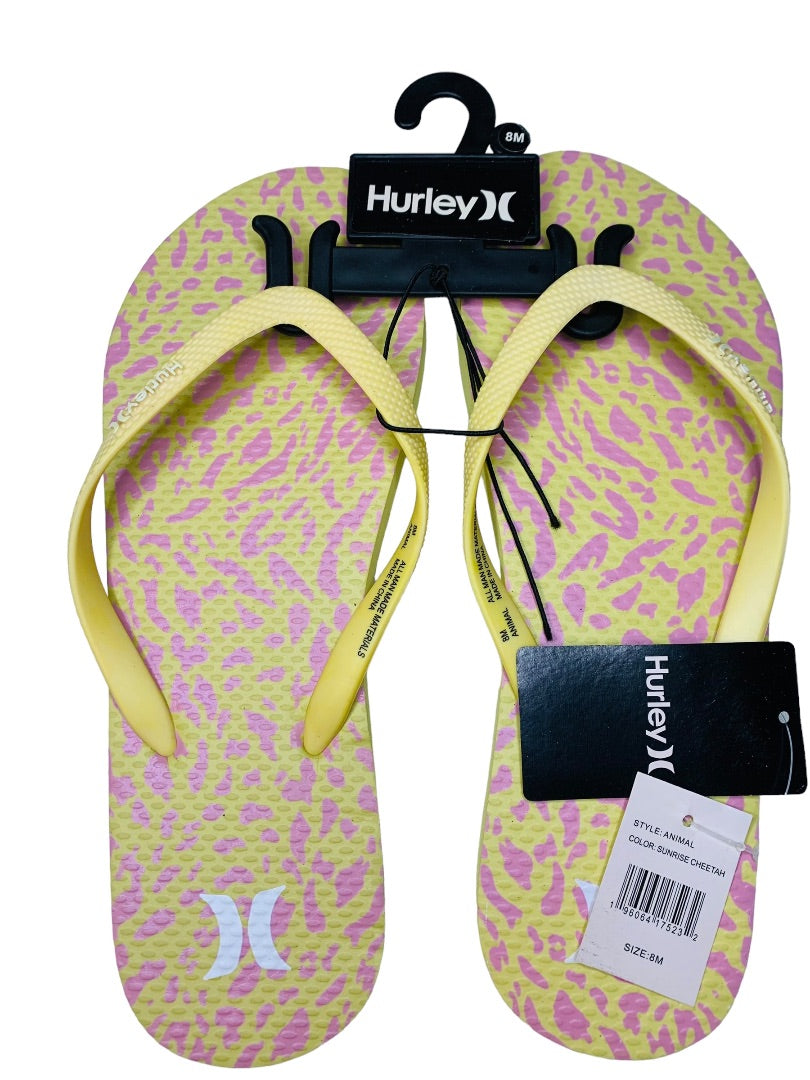 8M Hurley Womens New Animal Flip Flops Yellow Pink Cheetah Sunrise