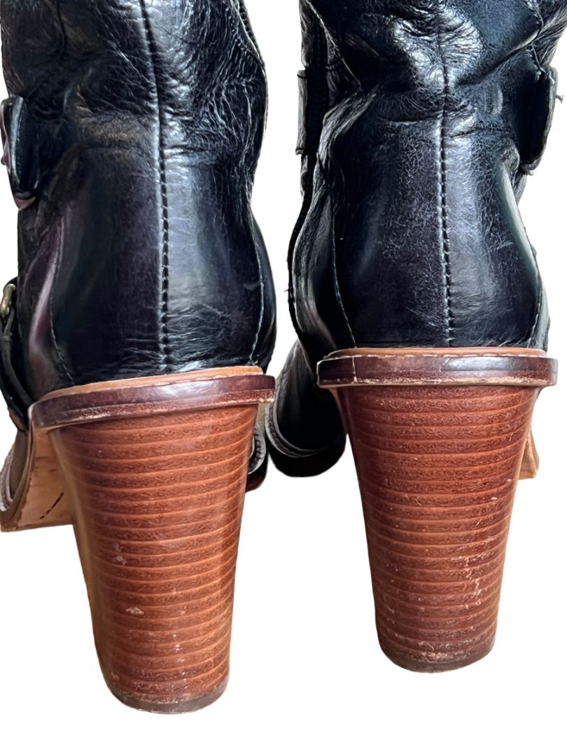 Size 8M Boutique Women's Charissa Black Leather Over the Knee Buckle Heeled Boots Boot