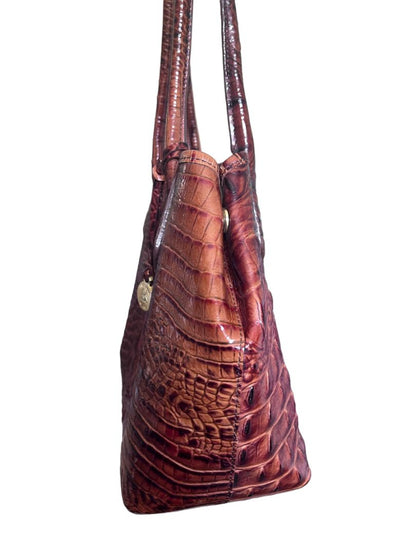 Brahmin Brown Tote Melbourne Coated Leather Glossy Snap Side Croc Embossed Vintage