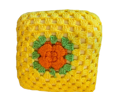 Vintage 1980s Crochet Cover Flower Throw Pillow 10" Accent Yellow