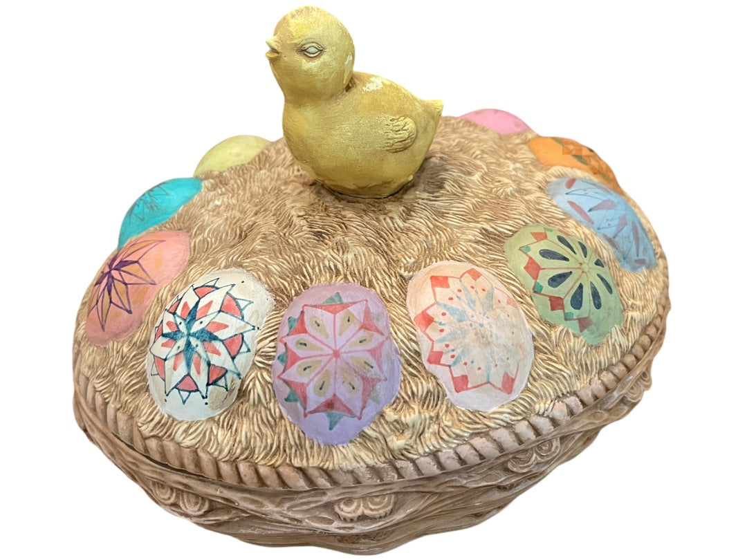 Vintage Hand Painted Chick on Ukrainian Eggs Basket Lidded Cookie Jar