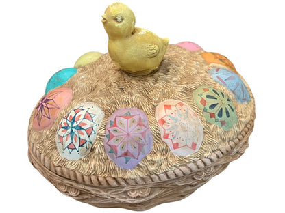 Vintage Hand Painted Chick on Ukrainian Eggs Basket Lidded Cookie Jar
